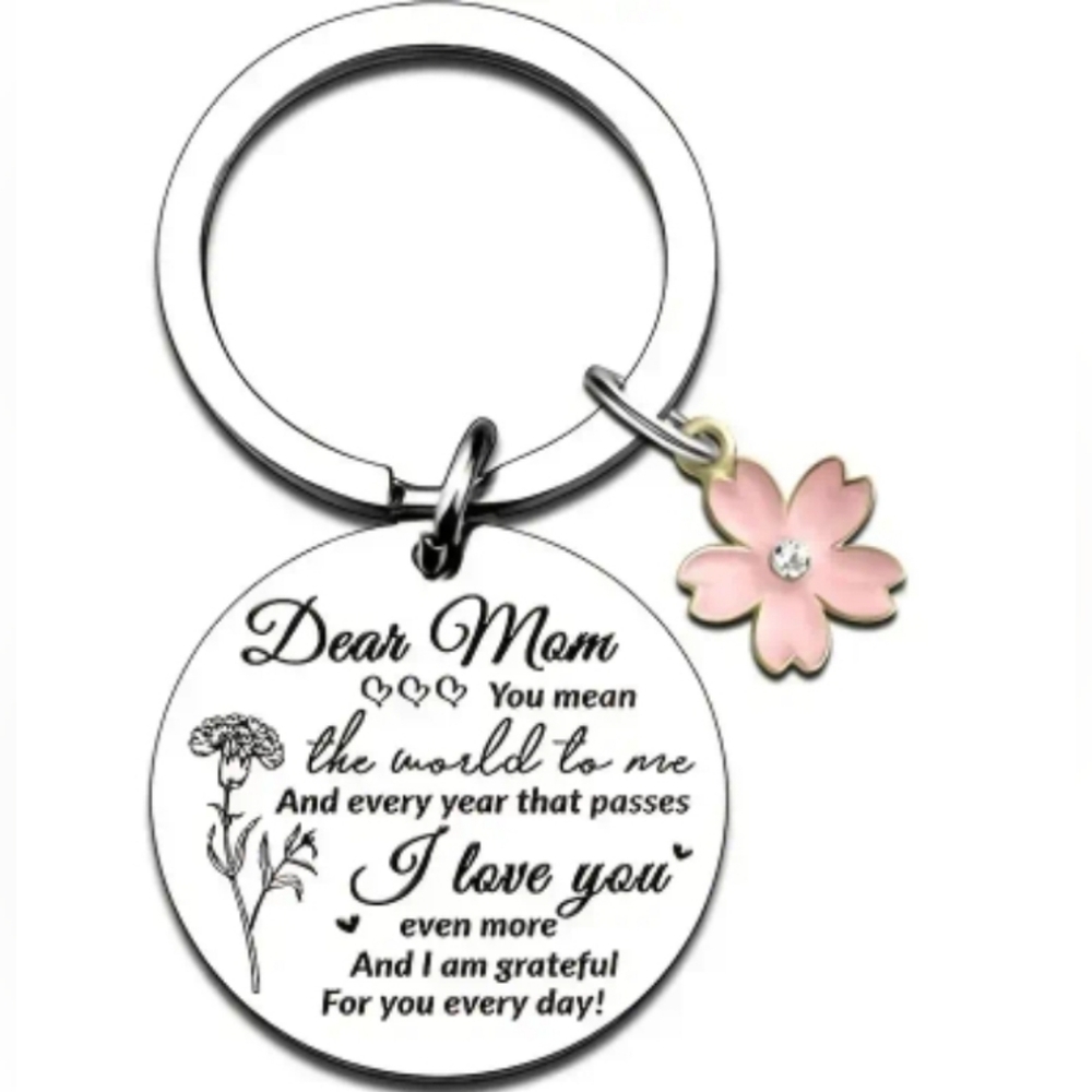 Persomalized Sentimental Dear Mom Keychain with Pink Flower Charm. NEW!